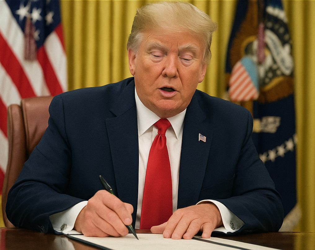 Former President Donald Trump sits at the Resolute Desk in the Oval Office, signing a document, as a breaking news banner announces his plan to rename the Pentagon from the Department of Defense to the Department of War.